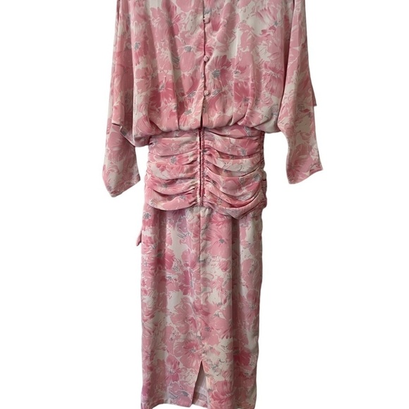 Vintage pink floral ruched midi women's high neckline, Long sleeve Dress, Small - Picture 6 of 8